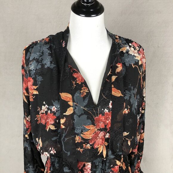 BISHOP + YOUNG Maxi Dress Sz M Floral Chiffon Smocked Waist Cuffs Lined Tie Neck - Picture 2 of 16